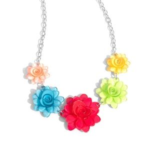 Colorful Floral Statement Necklace with Silver Chain